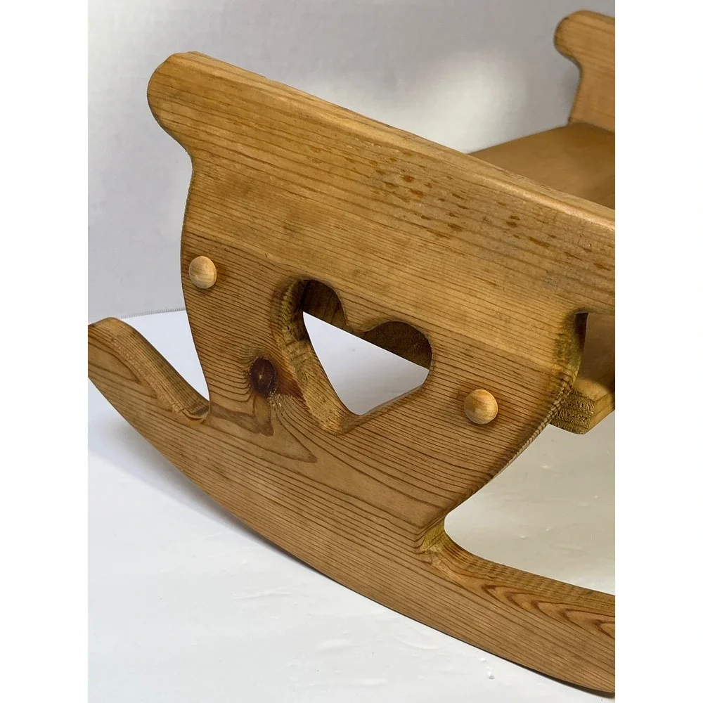 Vintage Wooden Cottagecore Rocking Bench Heart Cutouts Pine  Natural Finish